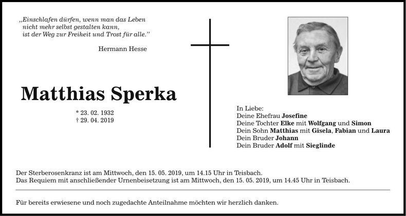 Traueranzeige Matthias Sperka