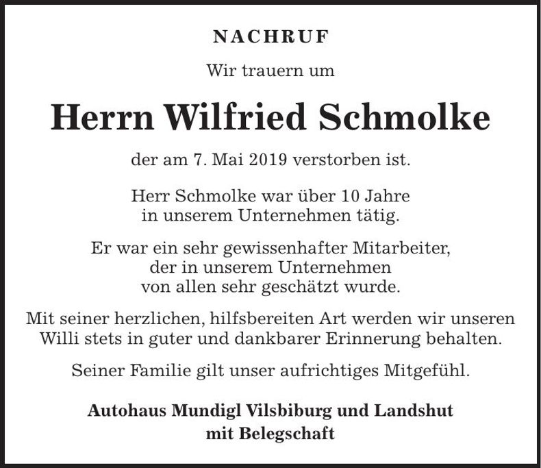 Traueranzeige Wilfried Schmolk