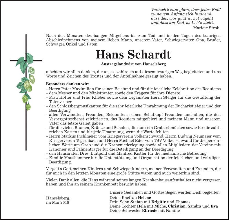 Traueranzeige Hans Schardt