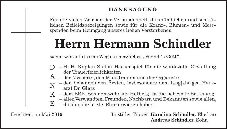 Traueranzeige Hermann Schindler