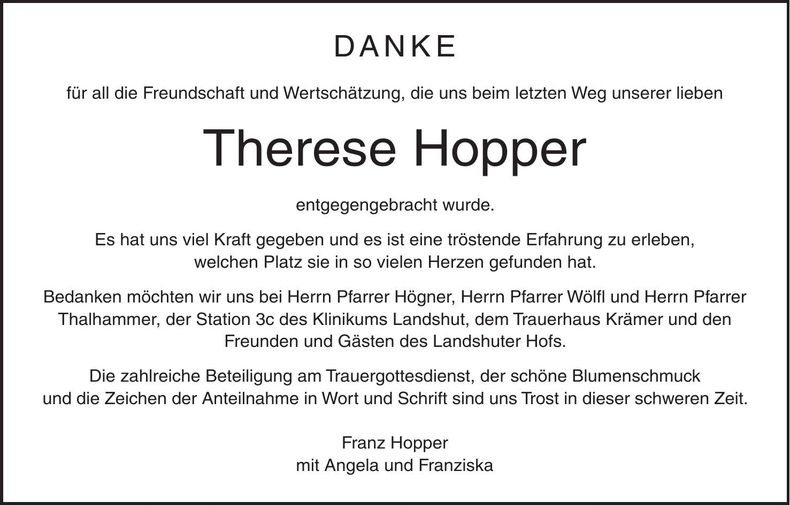 Traueranzeige Therese Maria Hopper