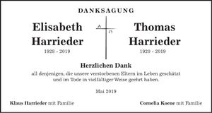 Traueranzeige Elisabeth u. Thomas Harrieder