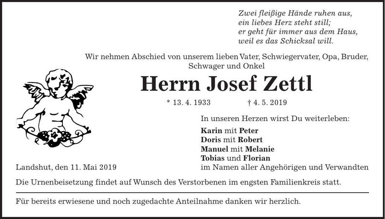 Traueranzeige Josef Zettl