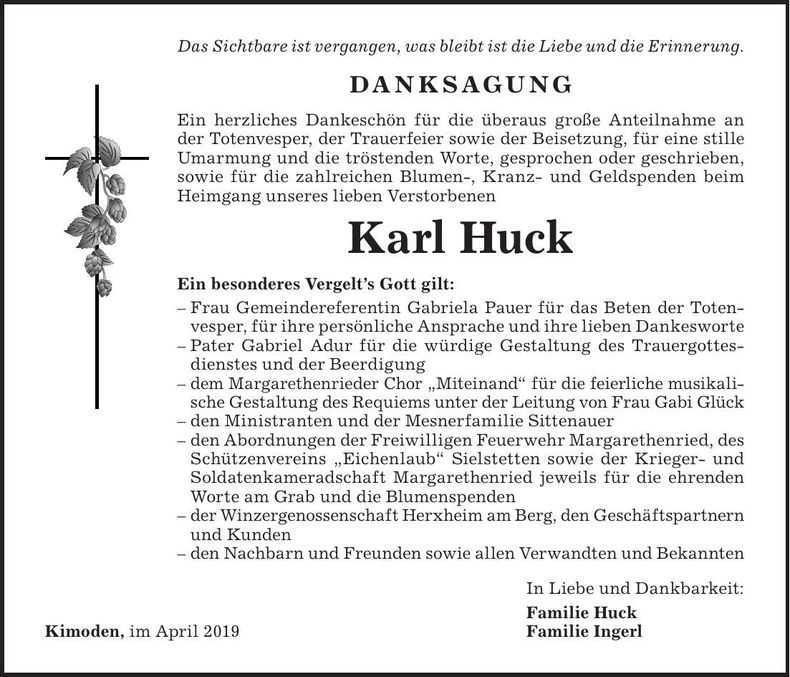 Traueranzeige Karl Huck