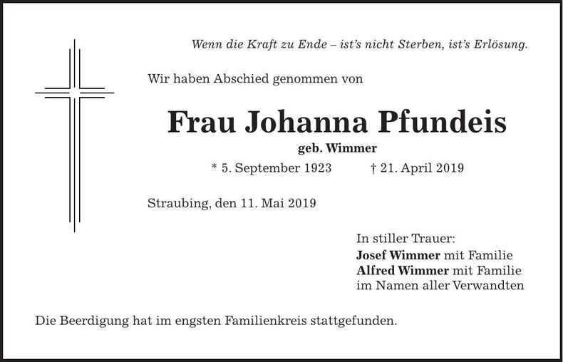 Traueranzeige Johanna Pfundeis