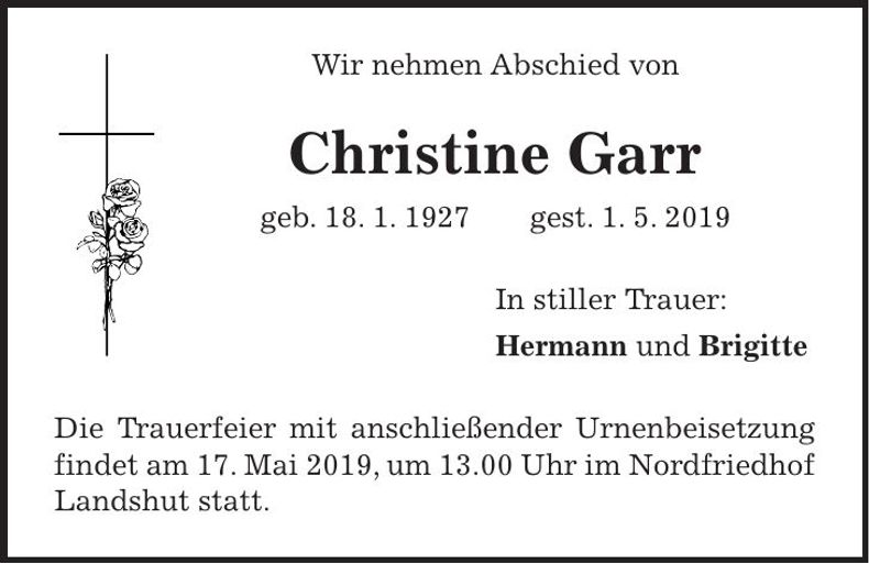 Traueranzeige Christine Garr