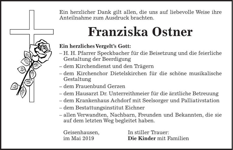Traueranzeige Franziska Ostner