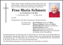 Traueranzeige Maria Schmatz