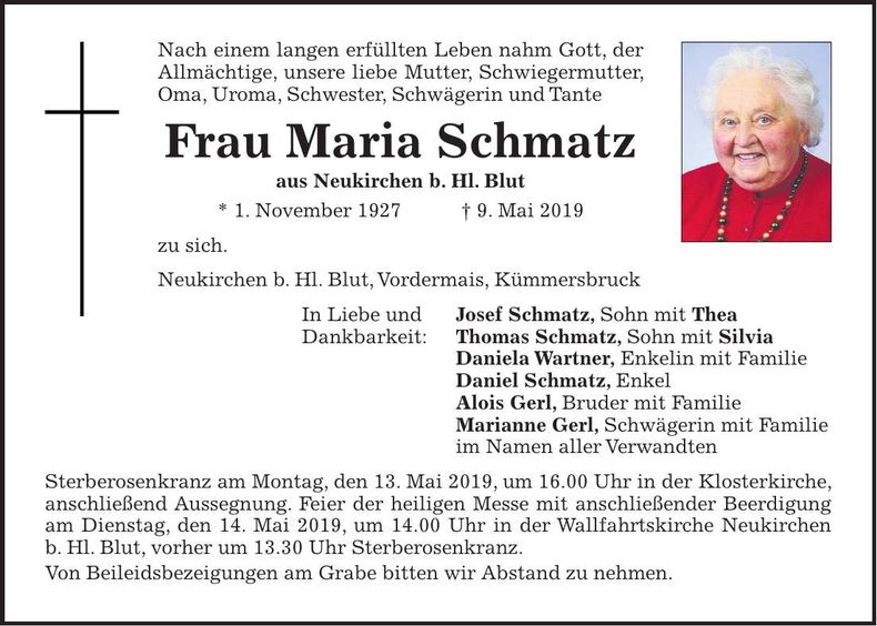 Traueranzeige Maria Schmatz