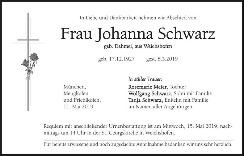 Traueranzeige Johanna Schwarz