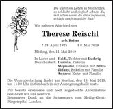 Traueranzeige Therese Reischl