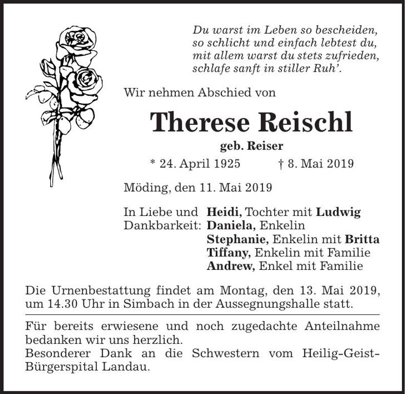 Traueranzeige Therese Reischl