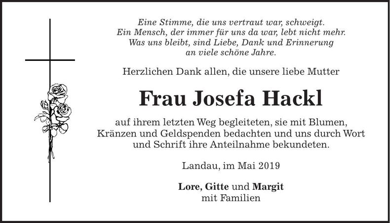 Traueranzeige Josefa Hackl