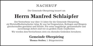Traueranzeige Manfred Schlaipfer