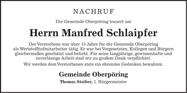Traueranzeige Manfred Schlaipfer