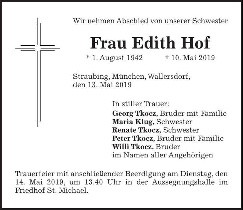 Traueranzeige Edith Hof