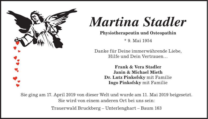 Traueranzeige Martina Stadler