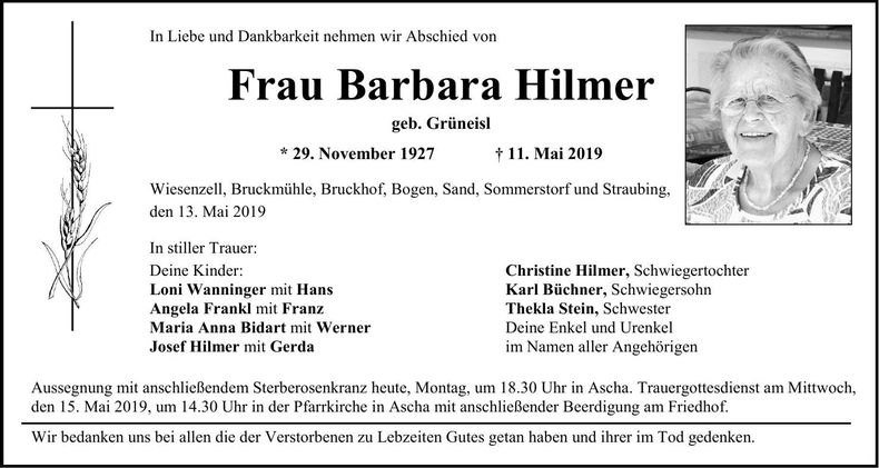 Traueranzeige Barbara Hilmer