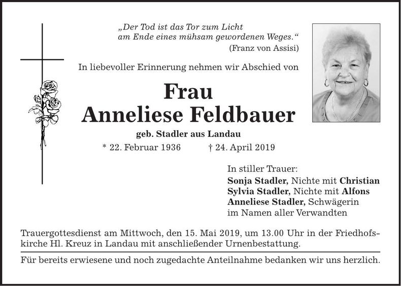 Traueranzeige Anneliese Feldbauer