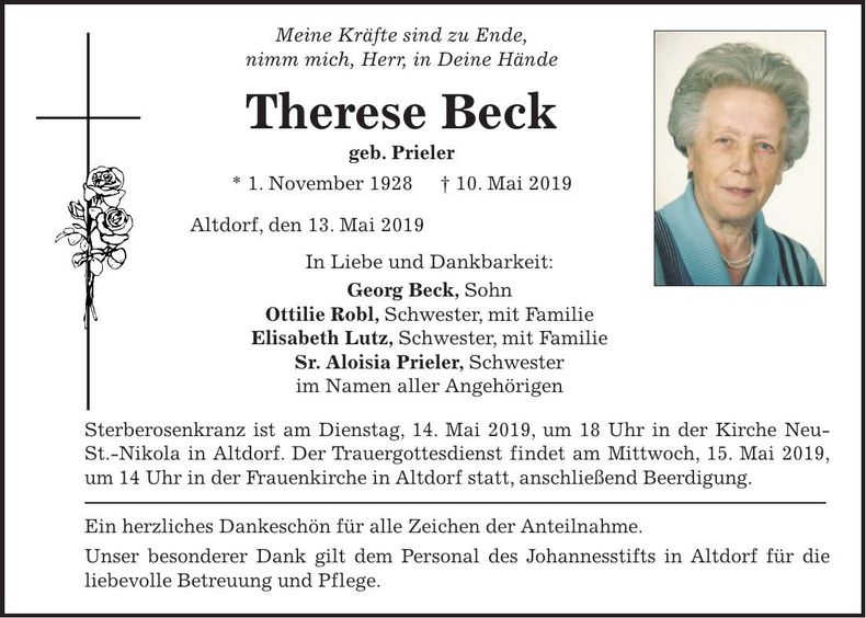 Traueranzeige Therese Beck