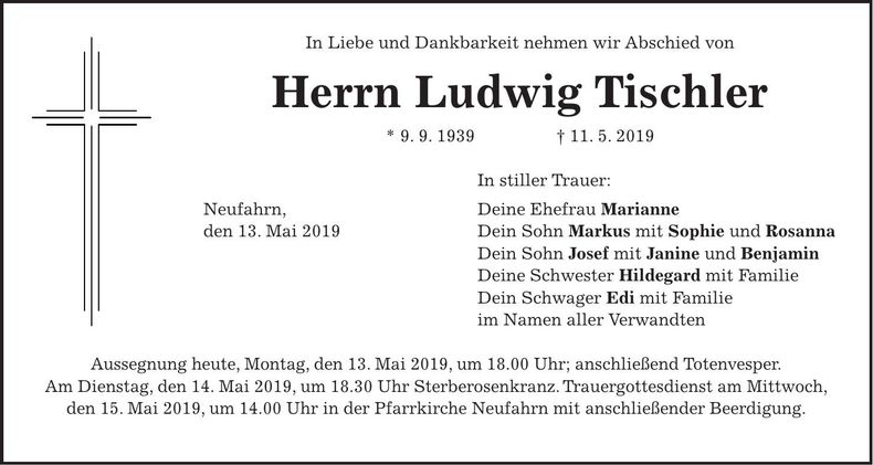 Traueranzeige Ludwig Tischler