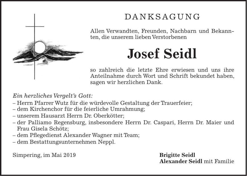 Traueranzeige Josef Seidl