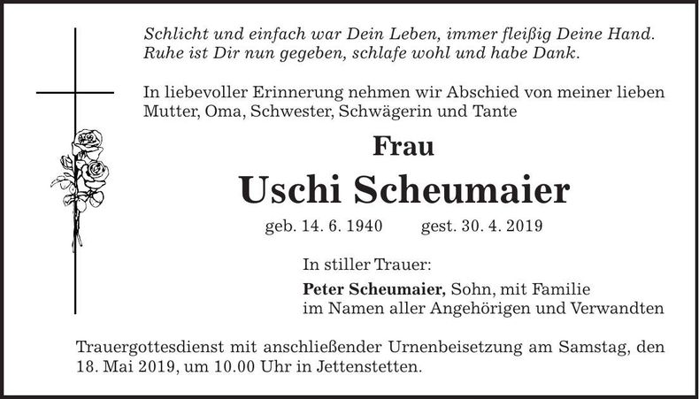 Traueranzeige Uschi Scheumaier