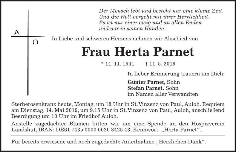 Traueranzeige Herta Parnet