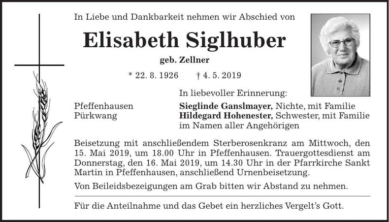 Traueranzeige Elisabeth Siglhuber