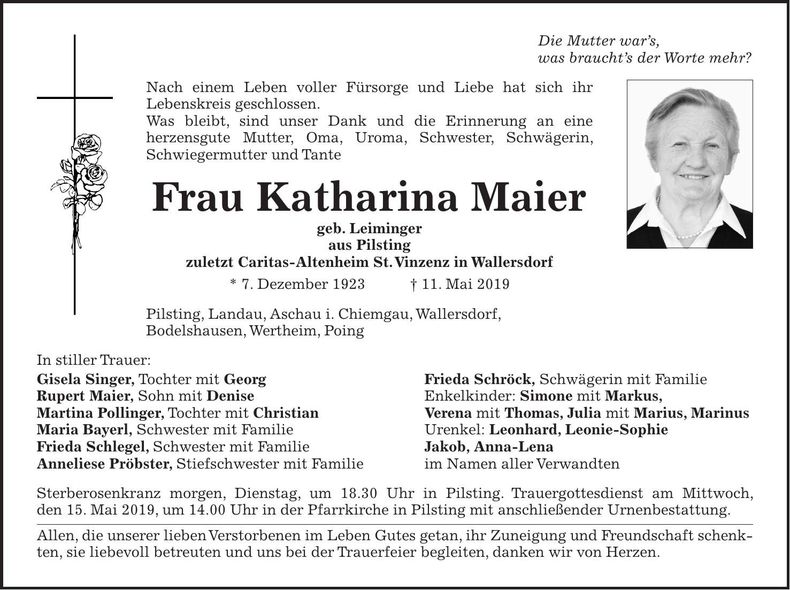Traueranzeige Katharina Maier