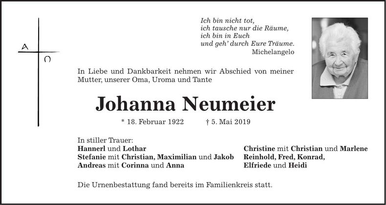 Traueranzeige Johanna Neumeier