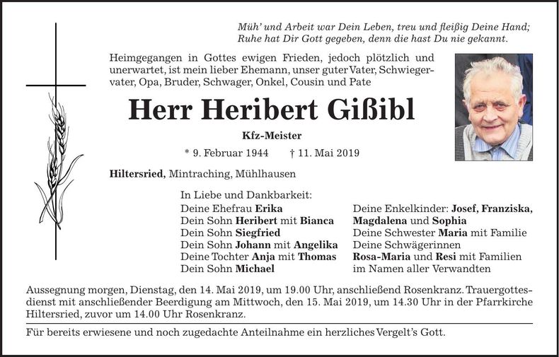 Traueranzeige Heribert Gißibl