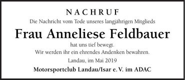 Traueranzeige Anneliese Feldbauer
