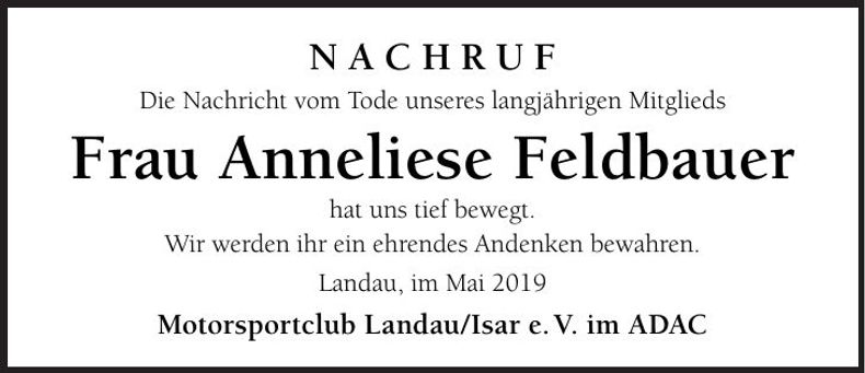Traueranzeige Anneliese Feldbauer