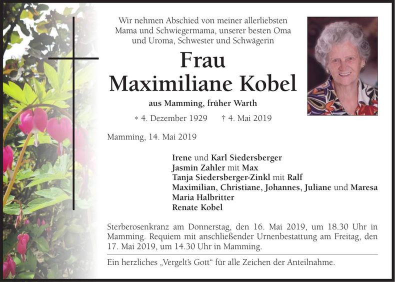 Traueranzeige Maximiliane Kobel