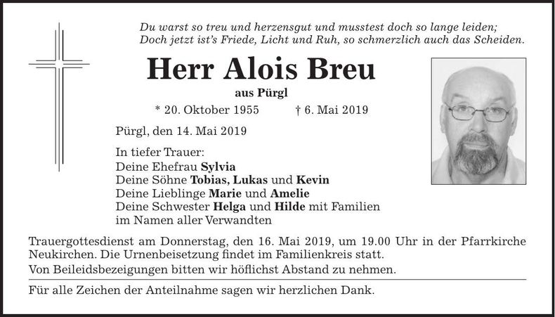 Traueranzeige Alois Breu