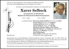 Traueranzeige Xaver Selbeck