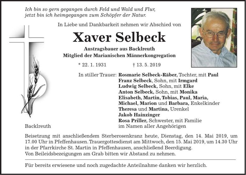 Traueranzeige Xaver Selbeck