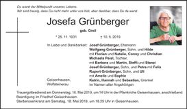 Traueranzeige Josefa Grünberger