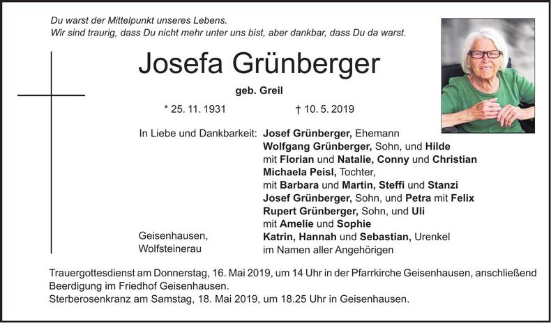 Traueranzeige Josefa Grünberger