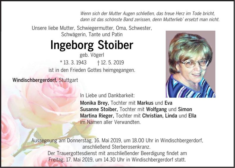 Traueranzeige Ingeborg Stoiber
