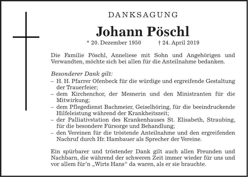 Traueranzeige Johann Pöschl