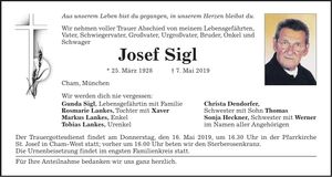 Traueranzeige Josef Sigl