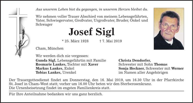 Traueranzeige Josef Sigl