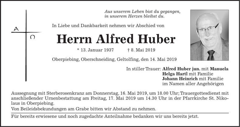 Traueranzeige Alfred Huber