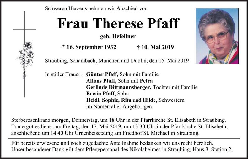 Traueranzeige Therese Pfaff