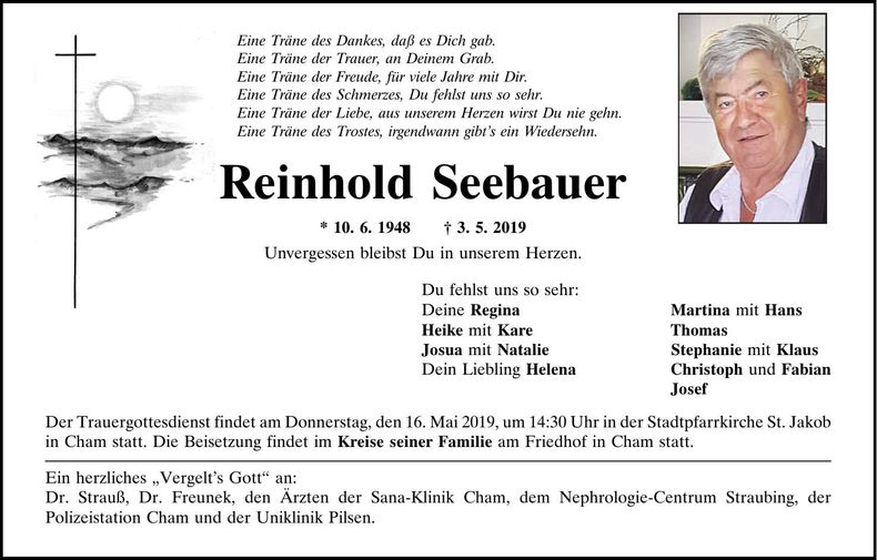 Traueranzeige Reinhold Seebauer