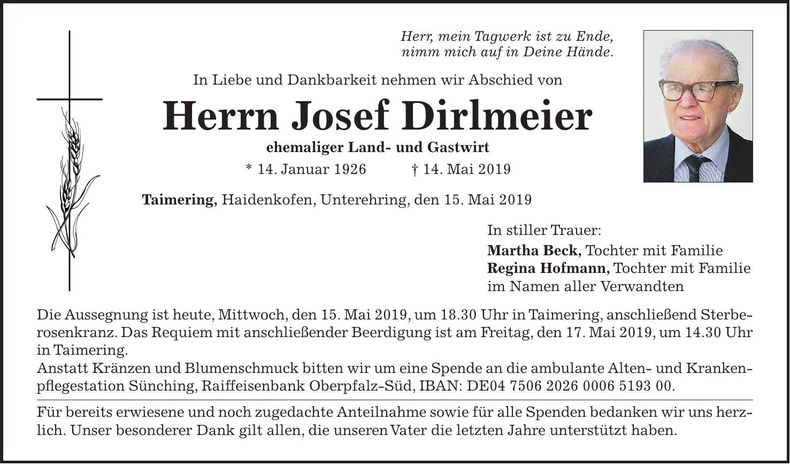 Traueranzeige Josef Dirlmeier