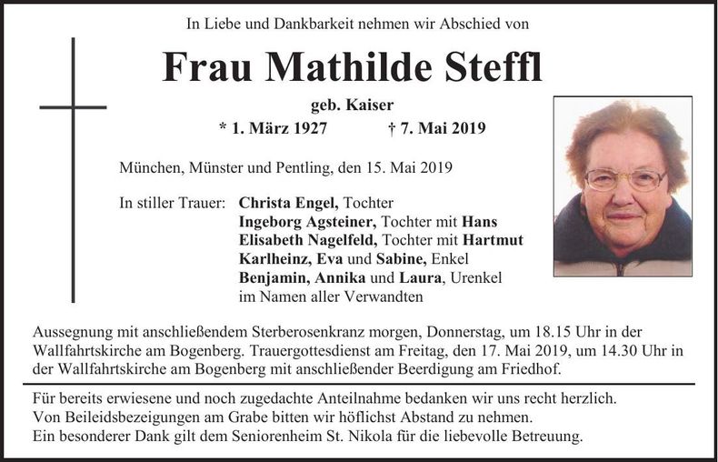 Traueranzeige Mathilde Steffl