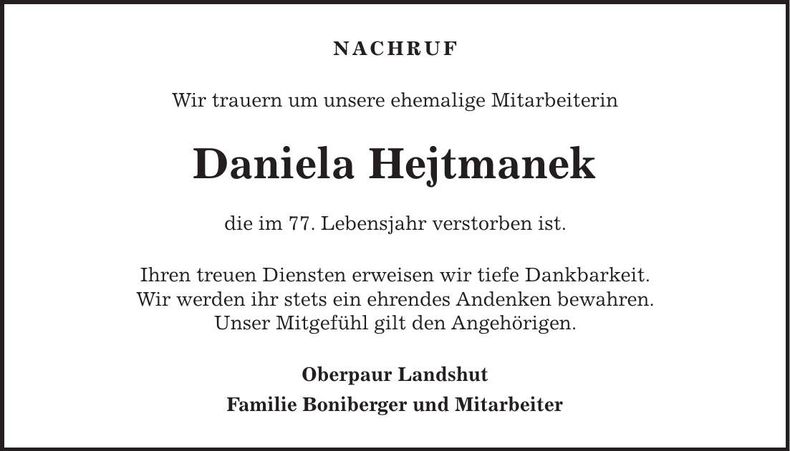 Traueranzeige Daniela Hejtmanek